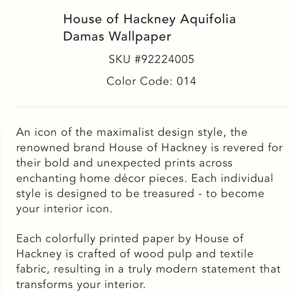 Anthropologie x House of Hackney Acquifolia Damas Wallpaper NIP